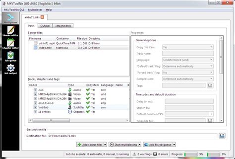 Voorbeeld van de MKVToolNix GUI (bv. mkvmerge GUI) die de opties toont voor het bewerken van track-specifieke informatie en metadata.
