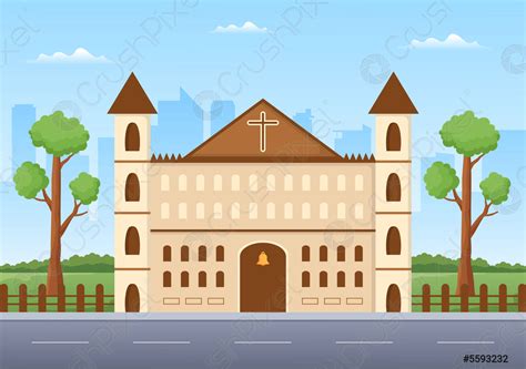Illustratie van een kerkgebouw met een donkere, strenge uitstraling