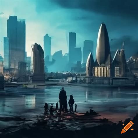 Een groep overlevenden die zich door een post-apocalyptische stad beweegt, met zombies op de achtergrond.