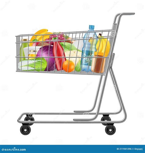 Illustratie van een winkelwagentje vol met producten, met een waarschuwingsteken.