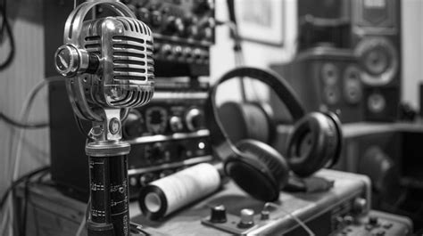 Archiefbeeld van een oude radiostudio met microfoons en apparatuur.