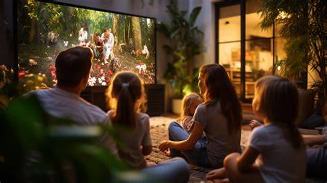 Illustratie van een gezin dat samen tv kijkt, waarbij de vader een telefoon vasthoudt en de moeder een tablet, met de Chromecast aangesloten op de tv.