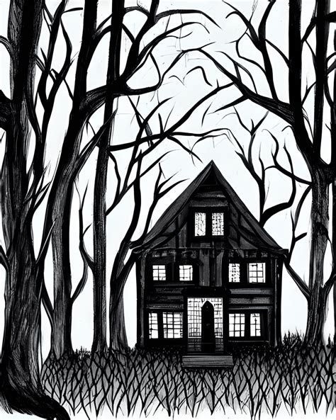 illustratie van een huis in een donker, dichtbegroeid bos bij nacht