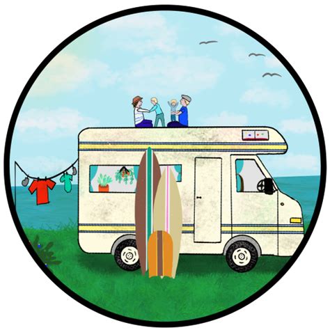 Groep senioren lachend in een camper met op de achtergrond een zonnig landschap