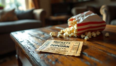 Collage van foto's: een restaurantmenu, popcorn en een bioscoopkaartje