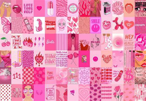 Collage van Roos in haar rode mantelpakje, omringd door roze koeken.