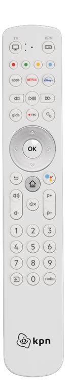 Afbeelding van een KPN TV+ Box met afstandsbediening en Google Assistent icoon