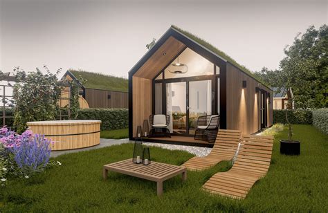 Illustratie van een Tiny House in een natuurlijke omgeving, met symbolen voor duurzaamheid en minimalisme.