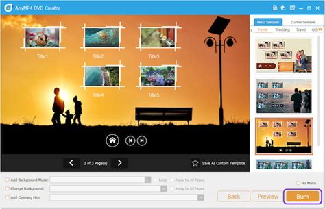 Screenshot van het AnyMP4 DVD Creator-interface met opties voor menu-aanpassing