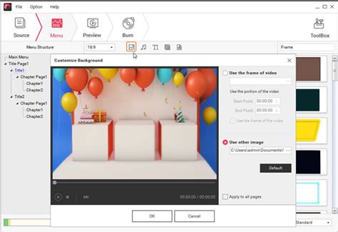 Interface van Wondershare DVD Creator met opties voor video-editing en menu-creatie