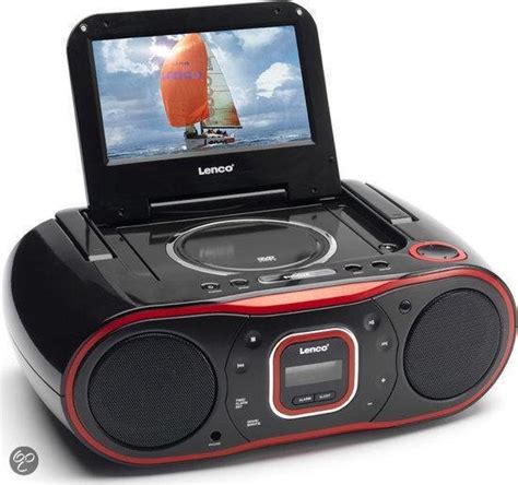 Illustratie van een Lenco draagbare DVD-speler met de focus op het heldere display.
