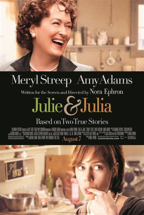 Portret van Amy Adams als Julie Powell en Meryl Streep als Julia Child, met een collage van Franse gerechten op de achtergrond.