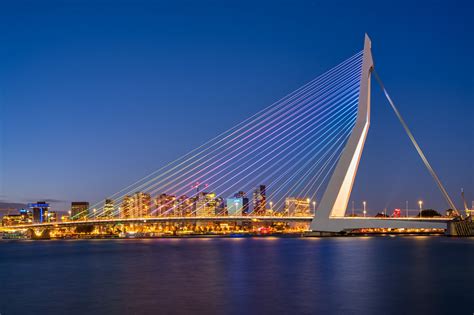 foto van de Erasmusbrug in Rotterdam, verlicht in rood-wit-blauw