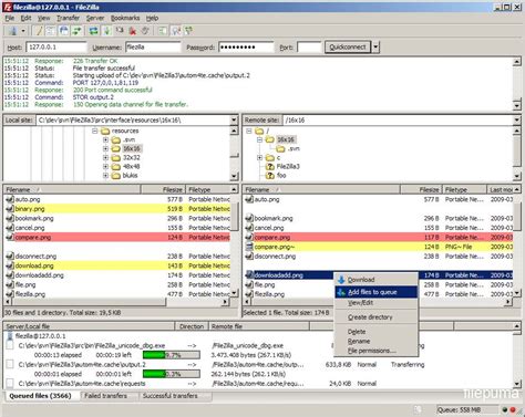 Screenshot van FileZilla met ingevulde FTP-gegevens en een actieve verbinding