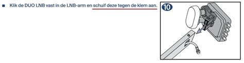 Diagram dat de montage van een duo LNB op een schotelarm toont, met aanduiding van de koppen voor Astra 3 en Astra 1.