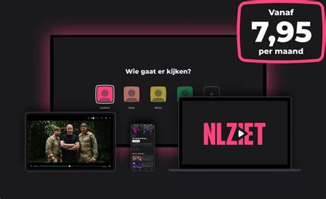 Collage van verschillende apparaten (smartphone, tablet, laptop, smart TV) waarop de NLZIET app wordt gebruikt.