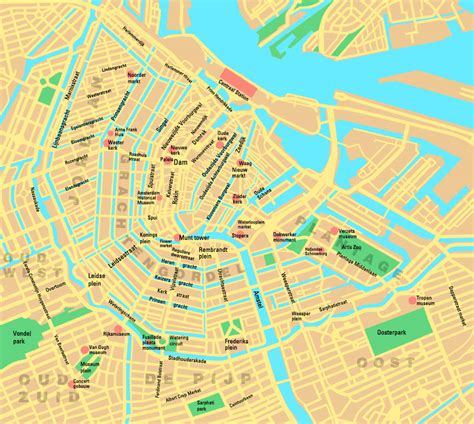 Plattegrond van Amsterdam met markeringen van locaties die relevant zijn voor de film Wraak, zoals criminele hotspots en vluchtroutes.