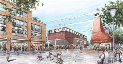 Artistieke impressie van het gebouw Casa Cadanza en de omgeving met parkeerterrein en water