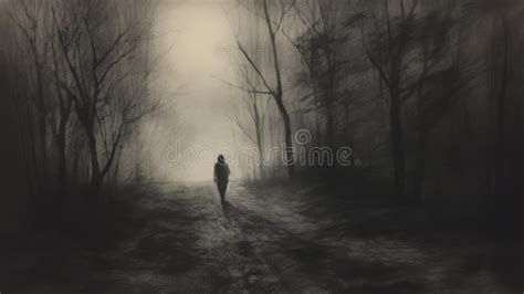 Illustratie van het Victoriaanse landhuis Bly, omringd door mist en schaduwen, met een silhouet van een persoon bij een raam.