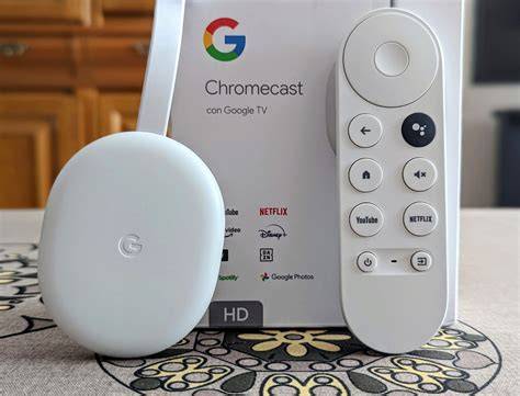 Illustratie van de Google Chromecast die in een tv wordt gestoken.