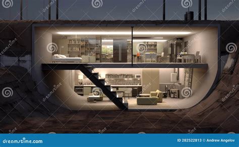 Illustratie van een luxe ondergrondse bunker met diverse faciliteiten