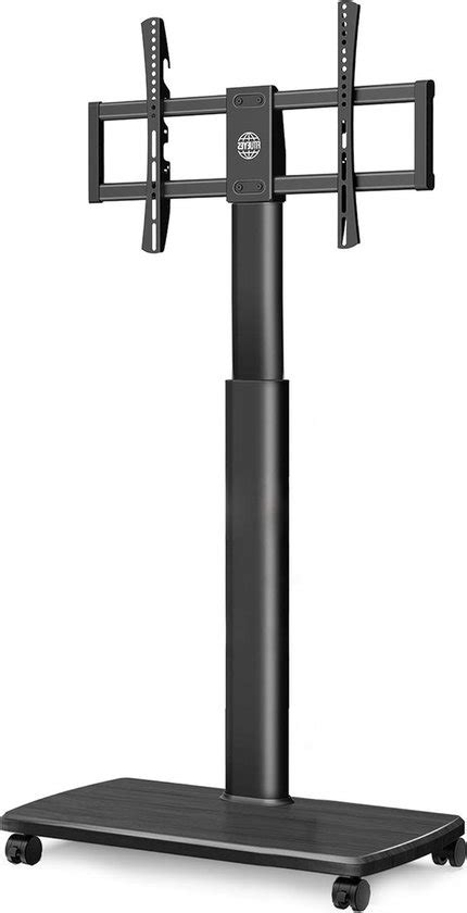 Collage van verschillende soorten tv-standaarden: tafelstandaard, vloerstandaard, verrijdbare standaard