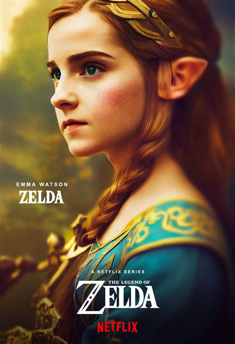 concept art van Emma Watson als Zelda, in de stijl van een Netflix promo poster