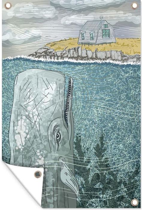 Illustratie van een onderzeeër die een gigantische walvis aanvalt