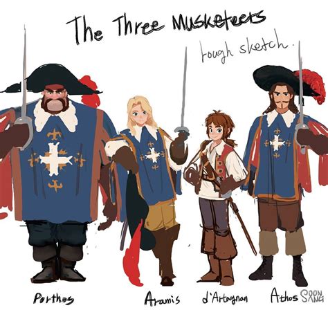 Een collage van de hoofdrolspelers van de film, met D'Artagnan, Athos, Porthos en Aramis.