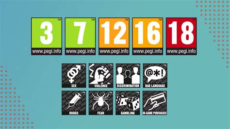 Illustratie van het PEGI-logo met leeftijdsindicaties 3, 7, 12, 16, 18