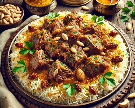 Informatieve afbeelding van het traditionele Jordaanse gerecht mansaf.