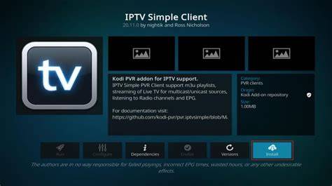 Schema van Kodi-interface met PVR IPTV Simple Client add-on