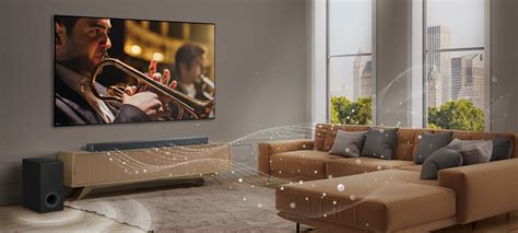 Illustratie van de Samsung Terrace Soundbar die geluidsgolven uitzendt.