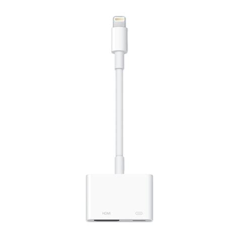 Illustratie van de Apple Lightning naar Digitale AV Adapter die verbonden is met een iPhone en een HDMI-kabel naar een TV