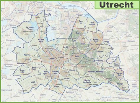 kaart van de provincie Utrecht met de gebieden waar de aanlijnplicht geldt, aangegeven met rood-gestippelde lijnen
