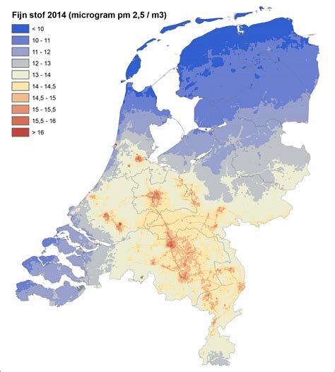 Kaart van Nederland die de gebieden met onvoldoende luchtkwaliteit door fijnstof aangeeft.