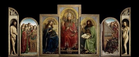 De volledige polyptiek van Het Lam Gods, met alle panelen geplaatst zoals oorspronkelijk bedoeld.