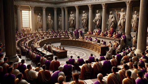 Vergadering van de Romeinse Senaat met toga's en marmeren zuilen
