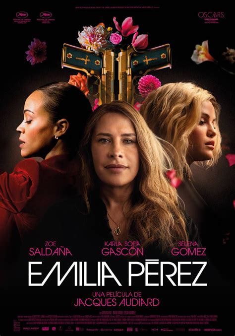 Poster van de film Emilia Pérez met de hoofdrolspelers Zoë Saldana, Karla Sofía Gascón en Selena Gomez