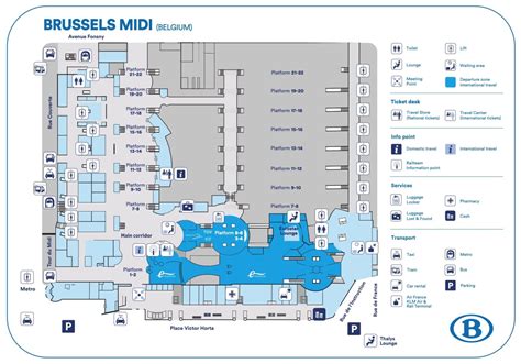 Plattegrond van station Brussel Zuid/Midi met de route naar de Eurostar terminal