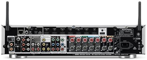 Schematische weergave van de achterkant van de Marantz NR1605 met alle aansluitingen gemarkeerd.