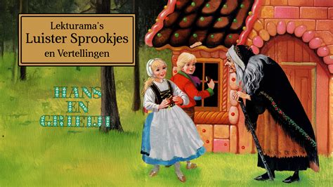 Illustratie van Hans en Grietje die een donker bos in lopen, omringd door vreemde wezens.