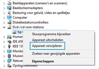 Screenshot van Apparaatbeheer met de categorie DVD/CD-ROM stations uitgevouwen
