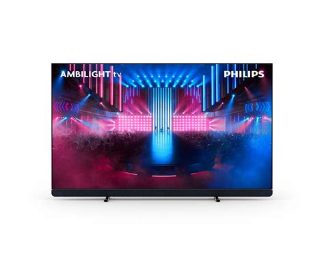 Illustratie van een slanke Philips 55 inch OLED TV met Ambilight aan.