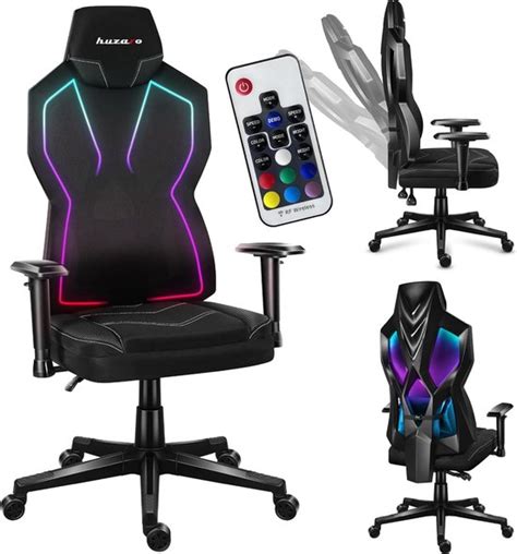 Foto van een stijlvolle Blacklyte gamingstoel met dynamische verlichting