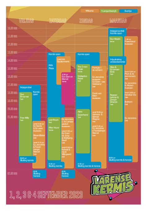 Infographic met het schema van Kermis FM Teevee programma's